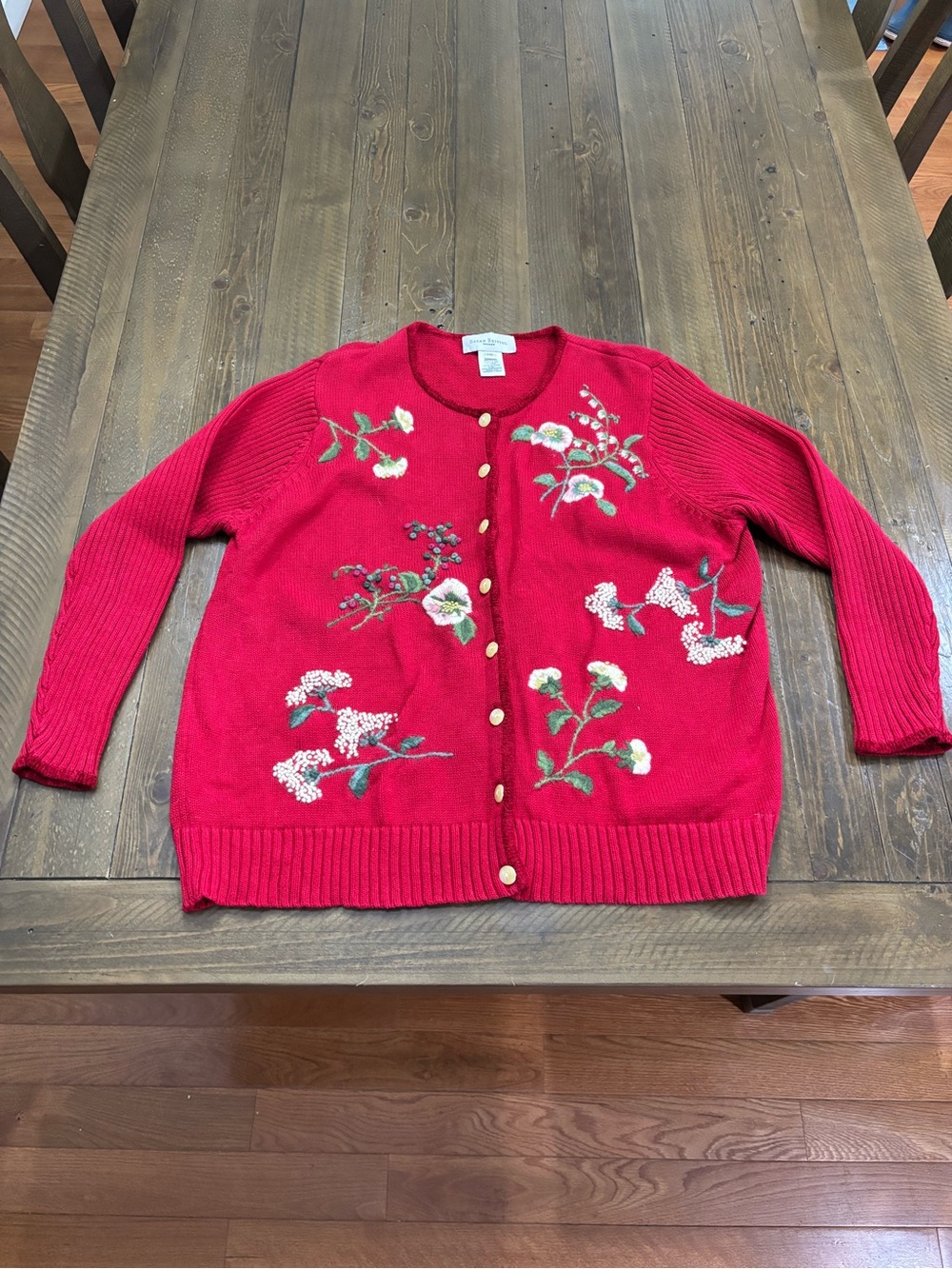 Susan Bristol Vintage 2001 Red Floral Hand-Embroidered Cardigan Sweater